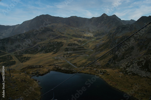 View of Creussans lake going up by chairlift to the Tristania solar viewpoint, Ordino Andorra photo