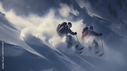 Skiers Carving Through Fresh Powder snow mountain. photo