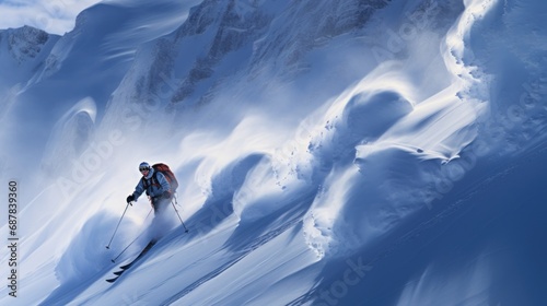 Skiers Carving Through Fresh Powder snow mountain. photo