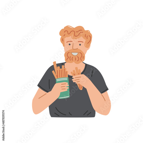 Man is having a snack, vector person eating fast food, french fries, sticks, worker or employee having unhealthy meal