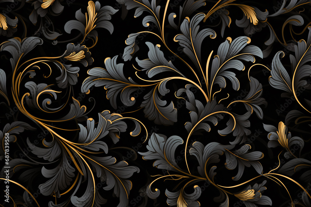 Abstract Black and Gold Ornate Floral Vine Pattern Background - obrazy, fototapety, plakaty 