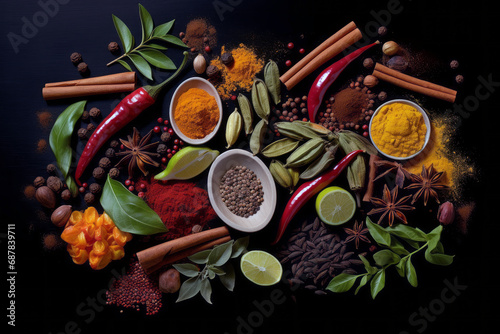 Top view of different spices and herbs