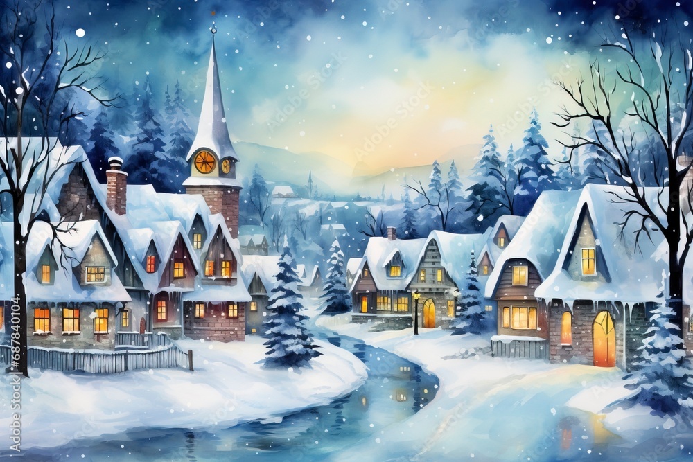 Fototapeta premium Winter village watercolor painting illustration made by generative ai