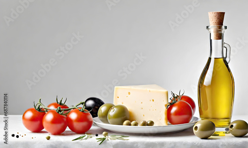 Cheese with tomatoes and a bottle of oil on a light background. Cheese, tomatoes, olives and a bottle of oil on the table