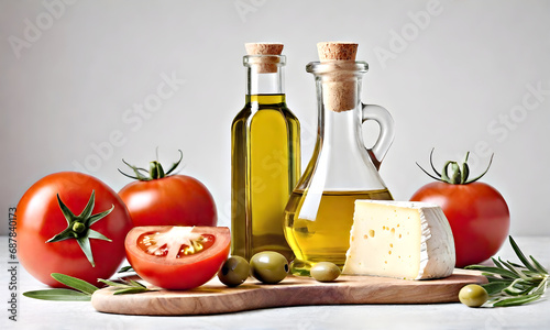 Cheese with tomatoes and bottles of oil on a light background.