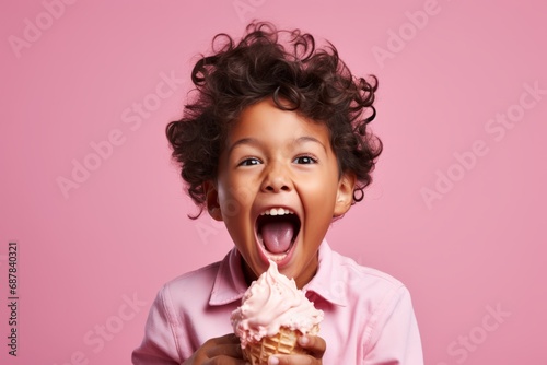 Excited child with curly hair enjoying a cone of pink ice cream on a pastel background.
