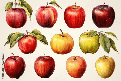 set of apples and leaves in watercolor style. AI Generated