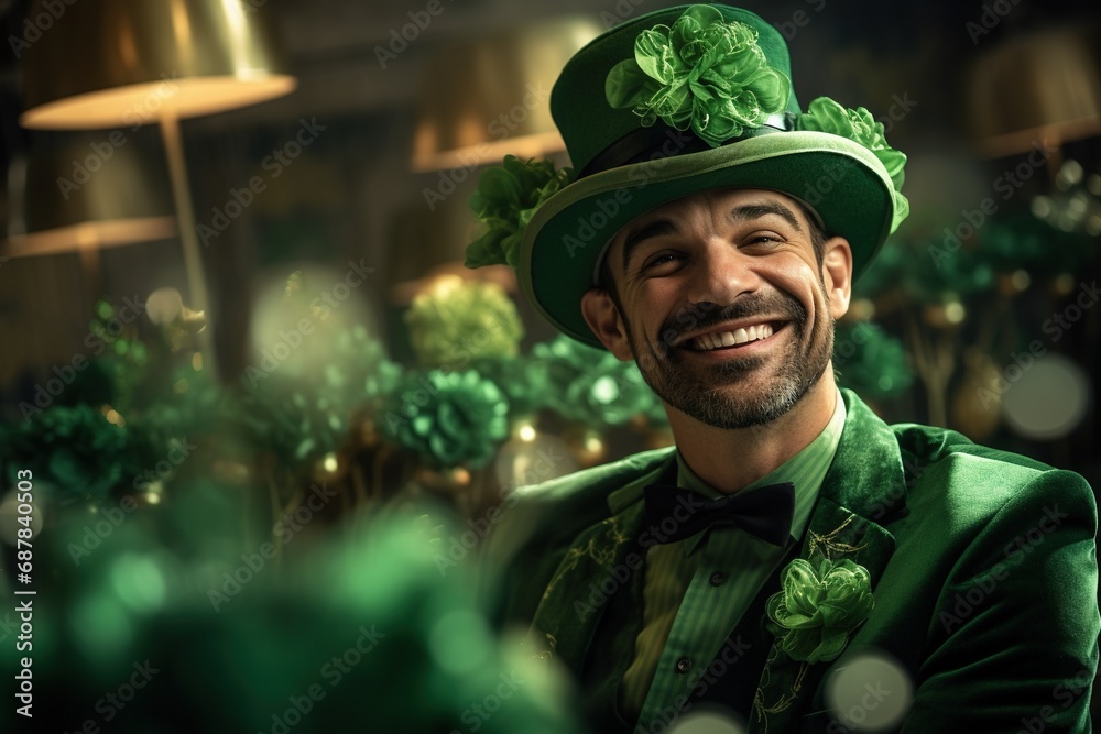 Portrait of a happy leprechaun with clover leaves. St. Patrick's Day. Portrait of a happy leprechaun with clover leaves. St. Patrick's Day.