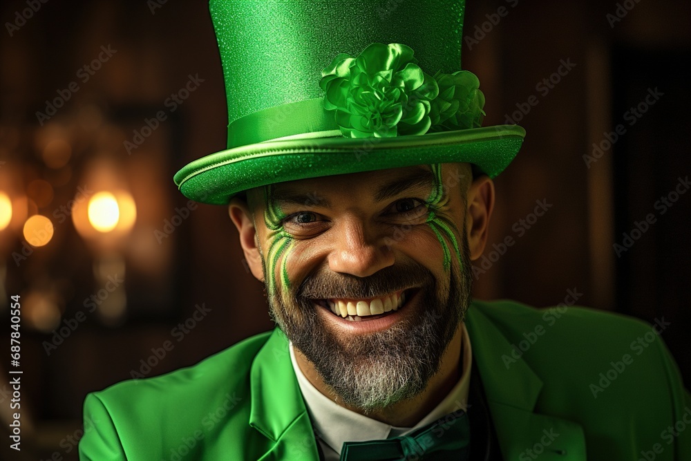 Portrait of a happy leprechaun with clover leaves. St. Patrick's Day. Portrait of a happy leprechaun with clover leaves. St. Patrick's Day.