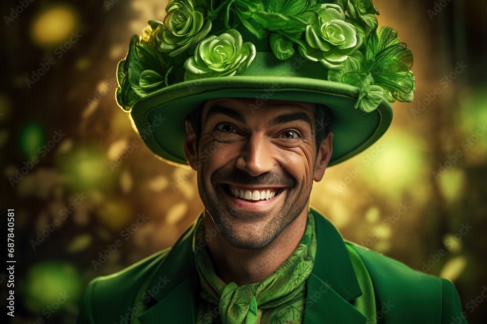 Portrait of a happy leprechaun with clover leaves. St. Patrick's Day. Portrait of a happy leprechaun with clover leaves. St. Patrick's Day.