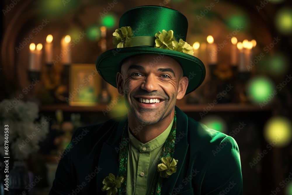 Portrait of a happy leprechaun with clover leaves. St. Patrick's Day. Portrait of a happy leprechaun with clover leaves. St. Patrick's Day.