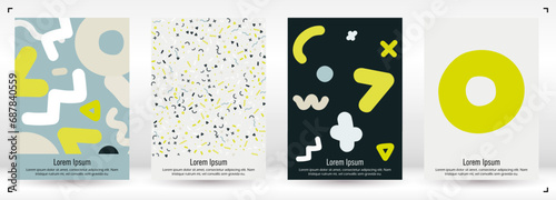 Abstract Minimal Vector Background in Trendy Doodle Style.   Vibrant Graphic Print with Dynamic Lines and Geometric Shapes.  Set of Vivid Poster 80s - 90s Design for Landing Page, Cover, Brochure.