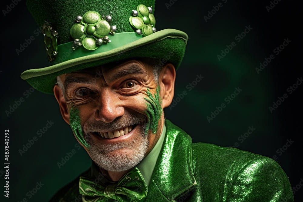 Portrait of a happy leprechaun with clover leaves. St. Patrick's Day. Portrait of a happy leprechaun with clover leaves. St. Patrick's Day.