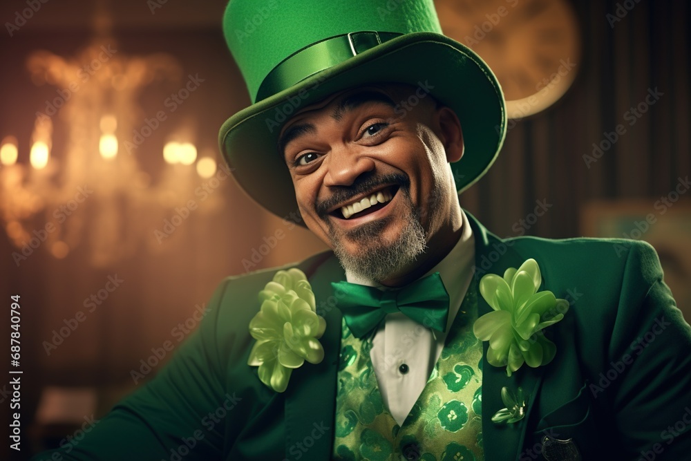 Portrait of a happy leprechaun with clover leaves. St. Patrick's Day. Portrait of a happy leprechaun with clover leaves. St. Patrick's Day.
