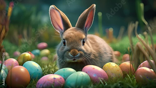 Easter bunny in a forest. Created with Generative AI.	
 photo