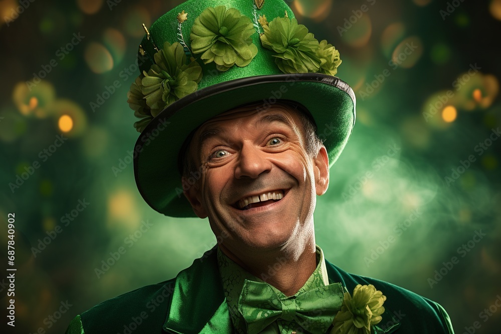Portrait of a happy leprechaun with clover leaves. St. Patrick's Day. Portrait of a happy leprechaun with clover leaves. St. Patrick's Day.