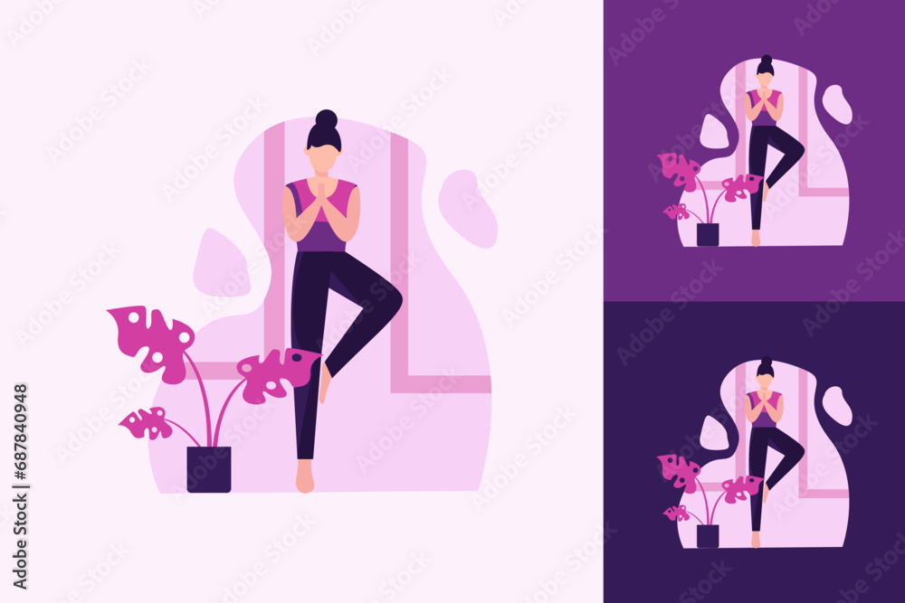 flat illustration of sports or yoga or woman in yoga pose standing indoors flat illustration of sports or yoga or woman in yoga pose standing indoors