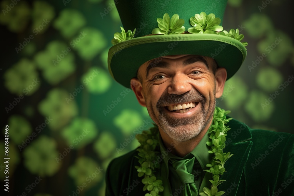 Portrait of a happy leprechaun with clover leaves. St. Patrick's Day. Portrait of a happy leprechaun with clover leaves. St. Patrick's Day.