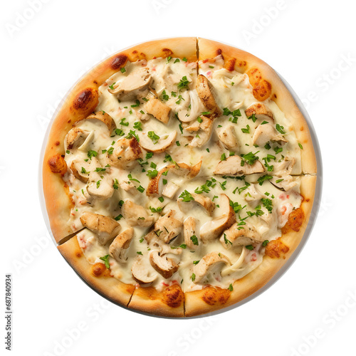 Chicken Alfredo Pizza Elegance from Above On Transparent Background.