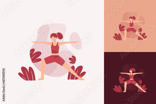 flat illustration of sports or yoga or woman in yoga pose standing outdoors
