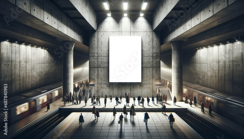 Underground train station bustling with commuters, featuring a prominent blank advertising space. Urban lifestyle concept. Generative AI