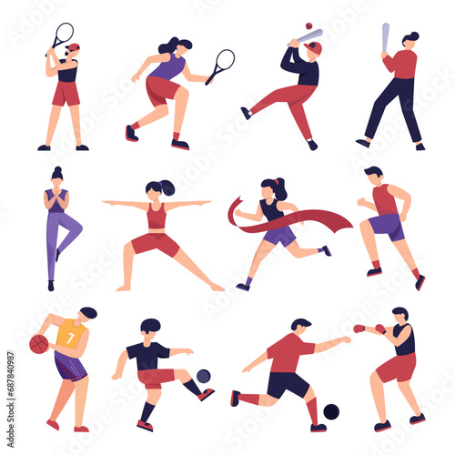 collection of flat illustrations of sports  tennis  football  basketball  yoga  baseball  boxing  marathon