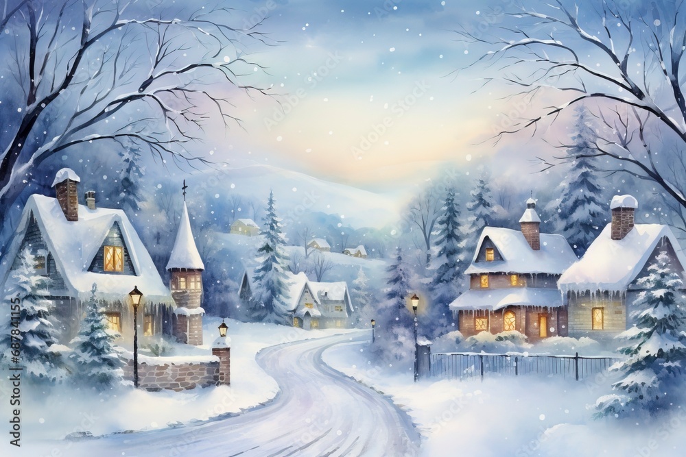 Winter village watercolor painting illustration made by generative ai