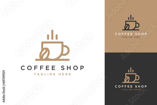 coffee shop design logo or a cup of coffee with coffee beans © pixeqa