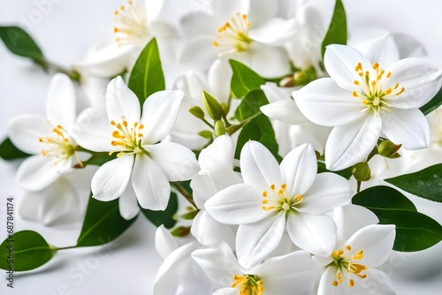 Gorgeous white jasmine blooms against a white background
