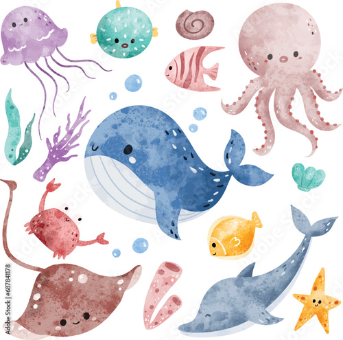 Watercolor Illustration set of Cute Sea Animals