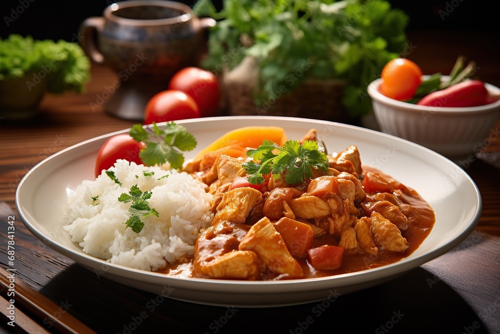 Japanese curry rice with meat, carrot and potato close-up on a plate on a table Japanese curry rice with meat, carrot and potato close-up on a plate on a table