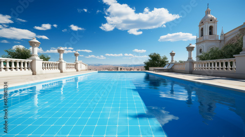 Elegant infinity pool beside a classic architecture with a distant mountain view. Generative AI © ImageFlow