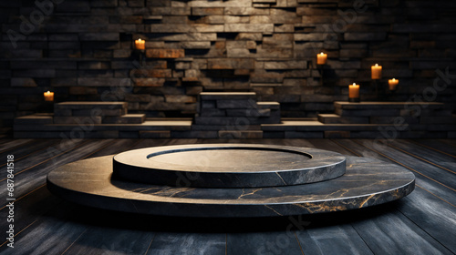 3d rendering of a modern dark room with a round podium and candles. Generative AI