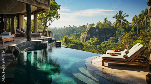 Secluded infinity pool amidst lush jungle, reflecting sunlight. Tranquil retreat. vacation time. Generative AI © ImageFlow