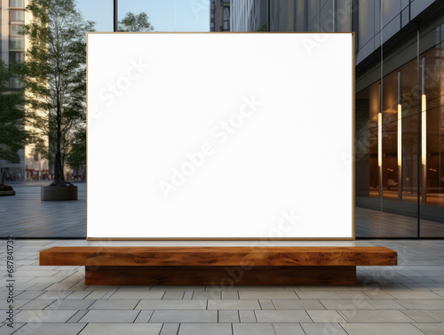 Outdoor billboard in a daytime cityscape setting with a wooden bench. Urban marketing concept. Generative AI