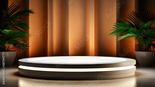 3d render of podium for product display with orange color background. Generative AI