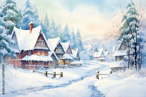 Winter village watercolor painting illustration made by generative ai