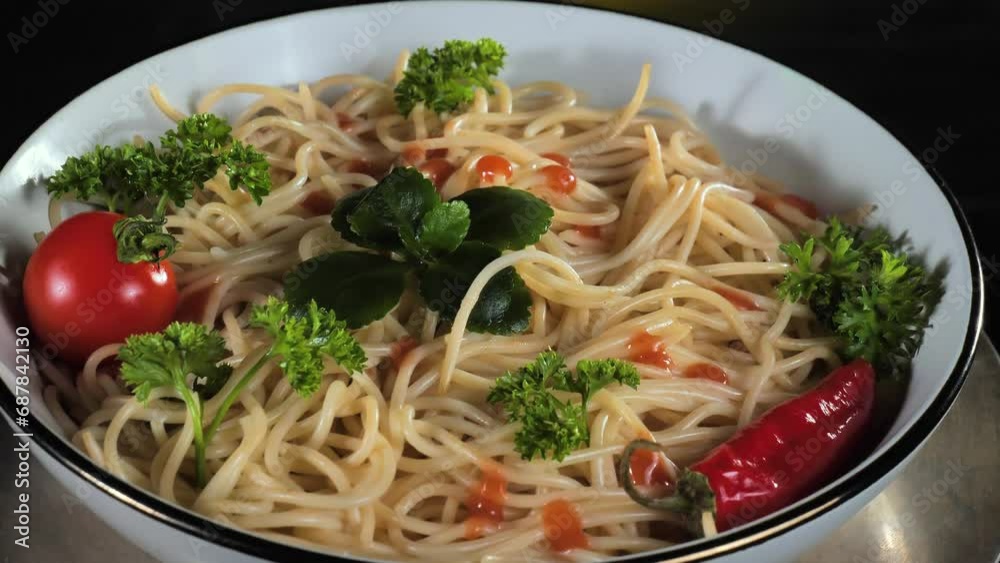 Pasta, spaghetti in a plate with seasonings and vegetables. Hot, natural and tasty dish. Pasta, spaghetti in a plate with seasonings and vegetables. Hot, natural and tasty dish.