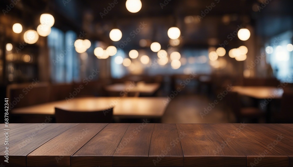 Empty wooden table and Coffee shop blur background with bokeh image. - obrazy, fototapety, plakaty 