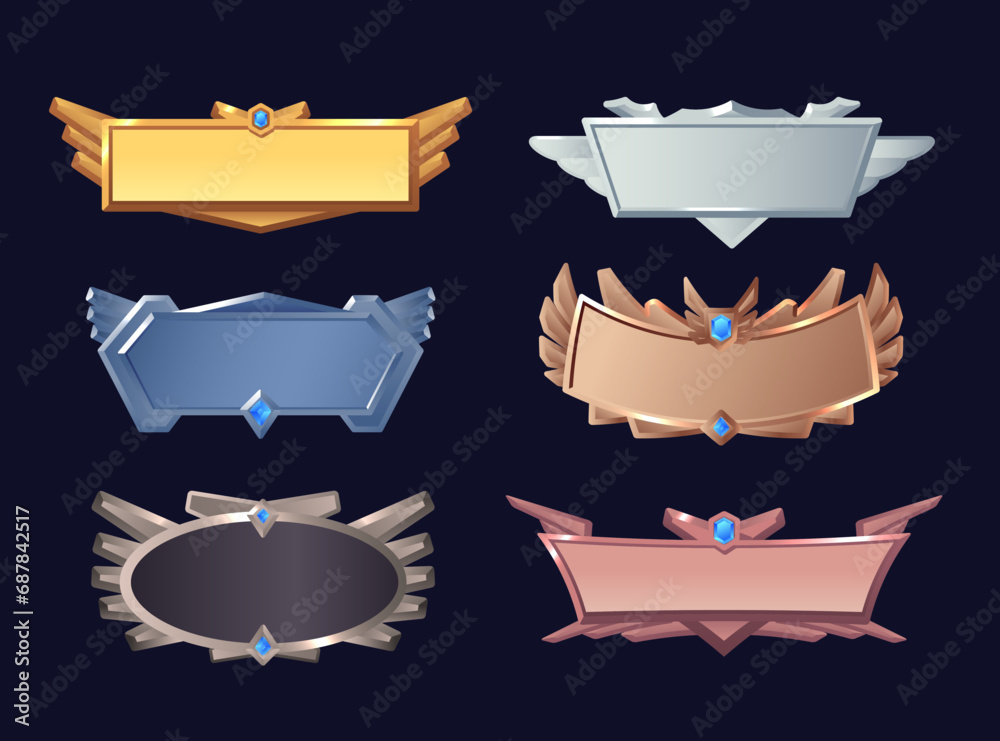 Metal frames for game design, vector illustrations isolated on black background. Metal frames for game design, vector illustrations isolated on black background.