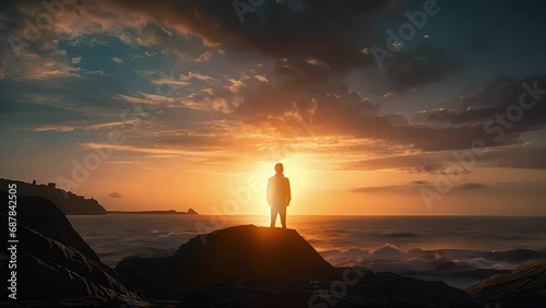 man the seashore looking at the horizon at sunset. Created with Generative AI.	
 photo