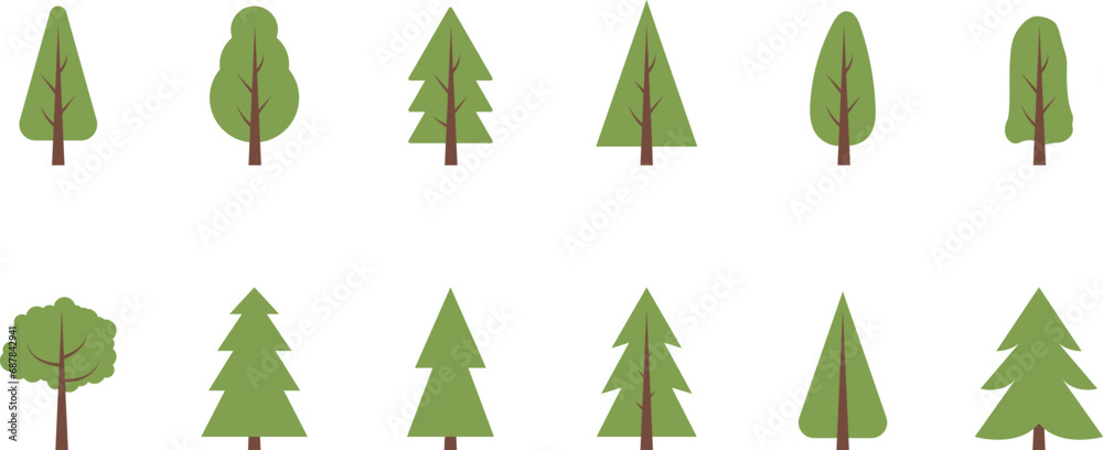 Obraz premium Christmas trees, pines, spruces, conifers and deciduous trees Flat trees set. Flat forest tree nature plant isolated vector illustration.