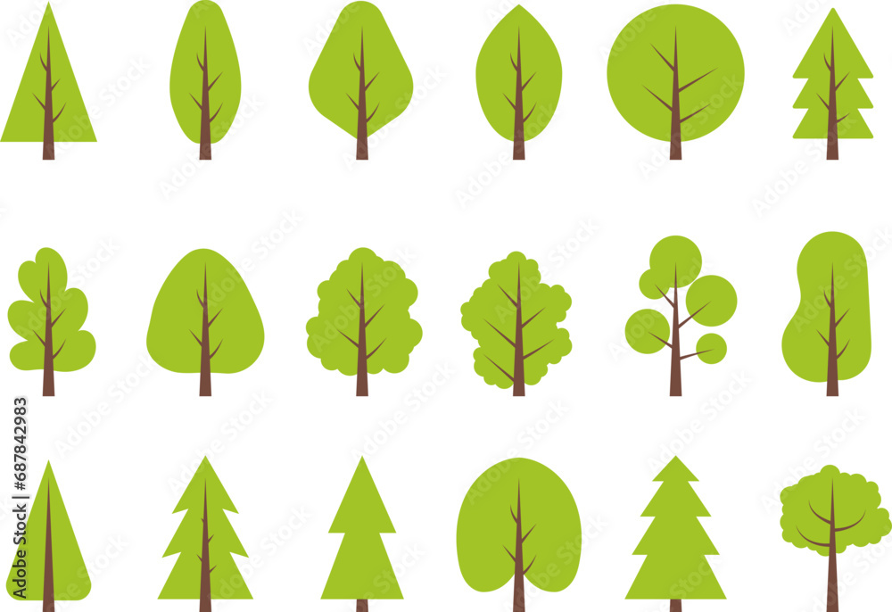 Christmas trees, pines, spruces, conifers and deciduous trees Flat trees set. Flat forest tree nature plant isolated vector illustration.