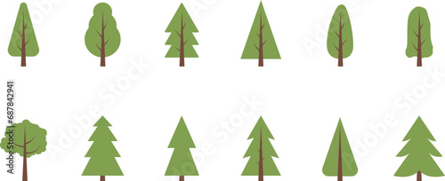 Christmas trees, pines, spruces, conifers and deciduous trees Flat trees set. Flat forest tree nature plant isolated vector illustration.
