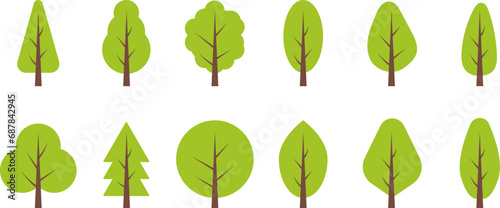 Christmas trees, pines, spruces, conifers and deciduous trees Flat trees set. Flat forest tree nature plant isolated vector illustration.