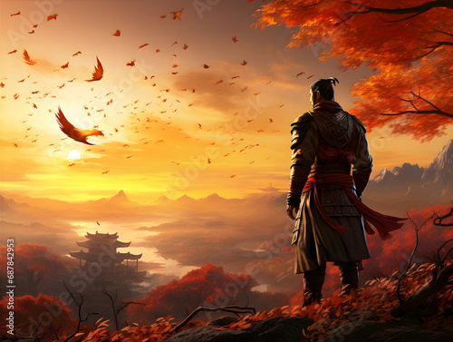 Ancient Chinese Warrior in Autumn Sunrise Scene AI Artwork