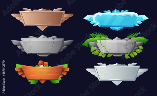 Metal, stone and wood tablet banners, realistic vector illustration set isolated.