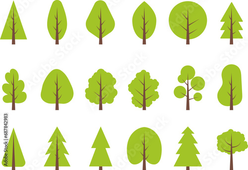 Christmas trees  pines  spruces  conifers and deciduous trees Flat trees set. Flat forest tree nature plant isolated vector illustration.