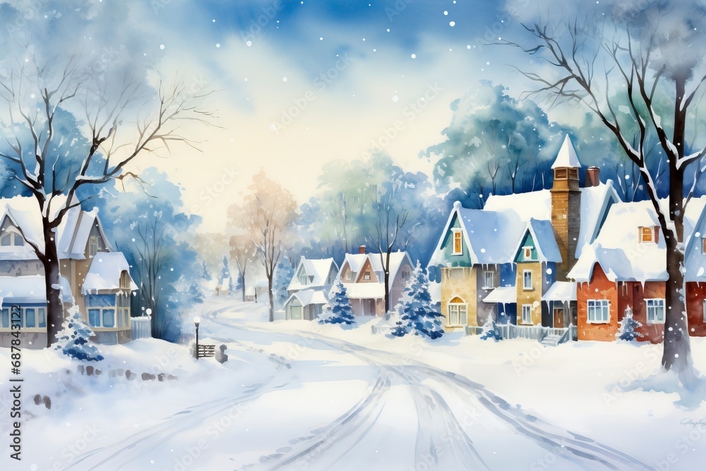 Fototapeta premium Winter village watercolor painting illustration made by generative ai