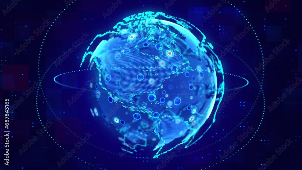 Digital globe hologram hud earth map seamless rotating business digital data network connection technology 4k motion background, blockchain, AI, AR VR, network, internet, cloud, quantum computing